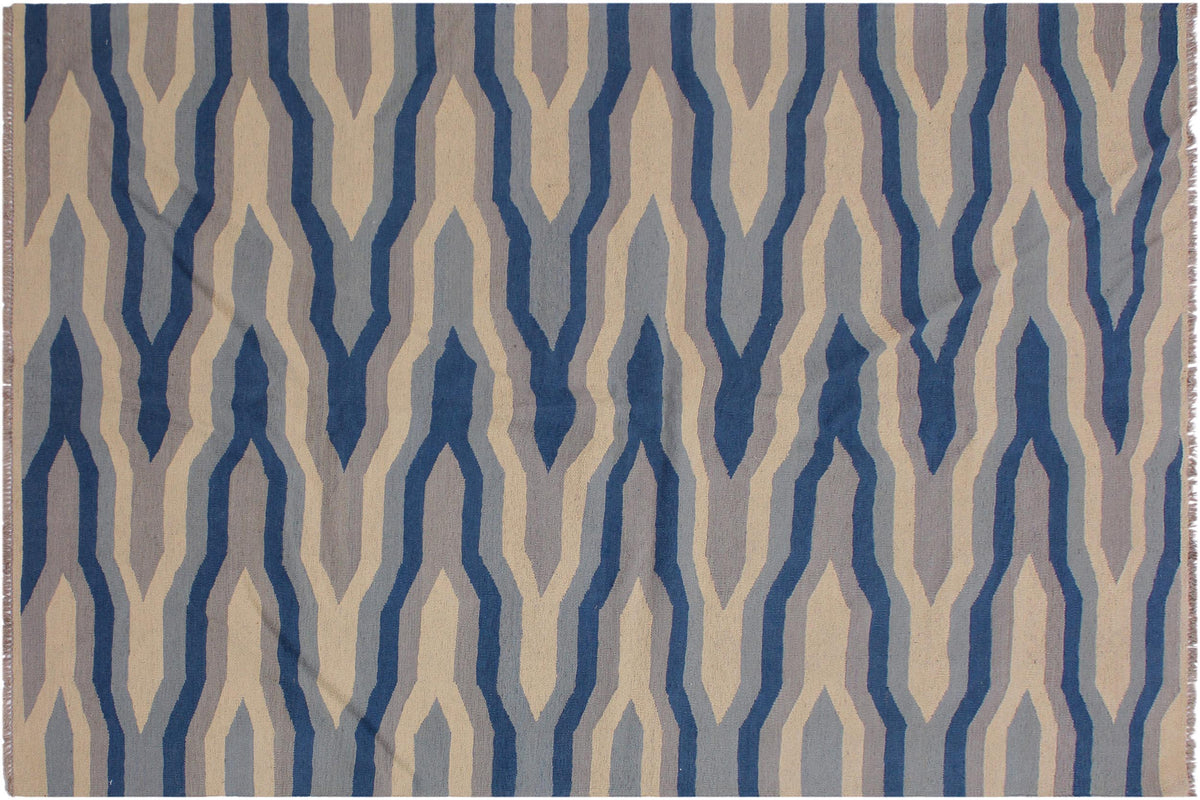 handmade Modern Kilim Ivory Blue Hand-Woven RECTANGLE 100% WOOL area rug 5x7