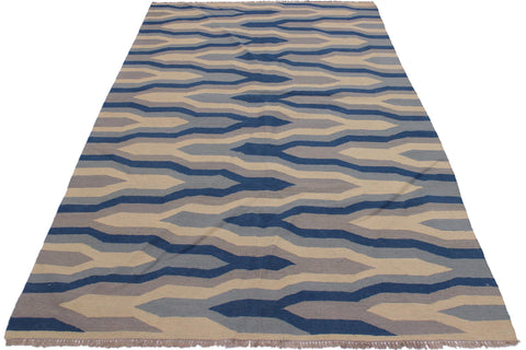 handmade Modern Kilim Ivory Blue Hand-Woven RECTANGLE 100% WOOL area rug 5x7