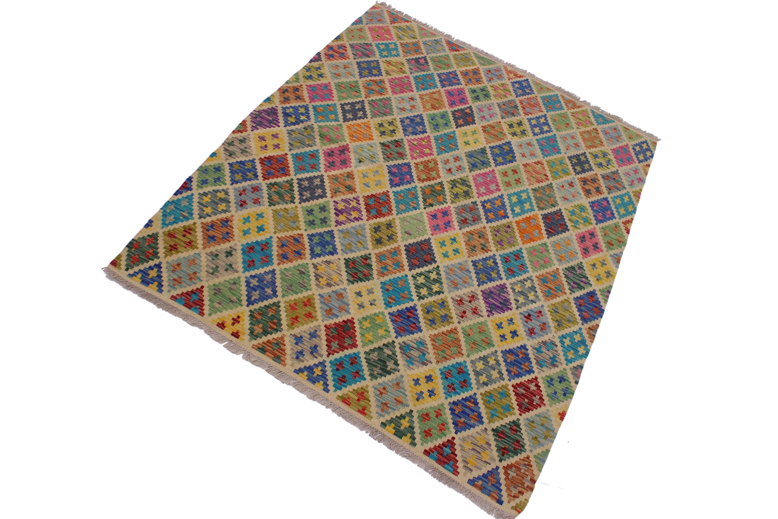 handmade Geometric Kilim Ivory Blue Hand-Woven RECTANGLE 100% WOOL area rug 5 x 7