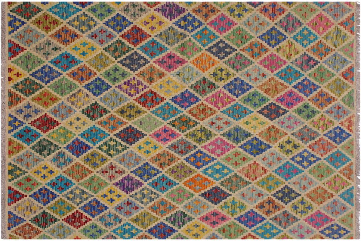 handmade Geometric Kilim Ivory Blue Hand-Woven RECTANGLE 100% WOOL area rug 5 x 7