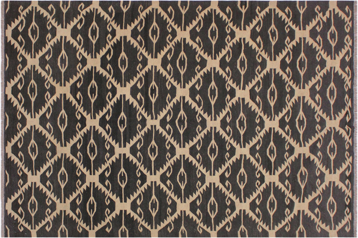 handmade Modern Kilim Black Ivory Hand-Woven RECTANGLE 100% WOOL area rug 6 x 8