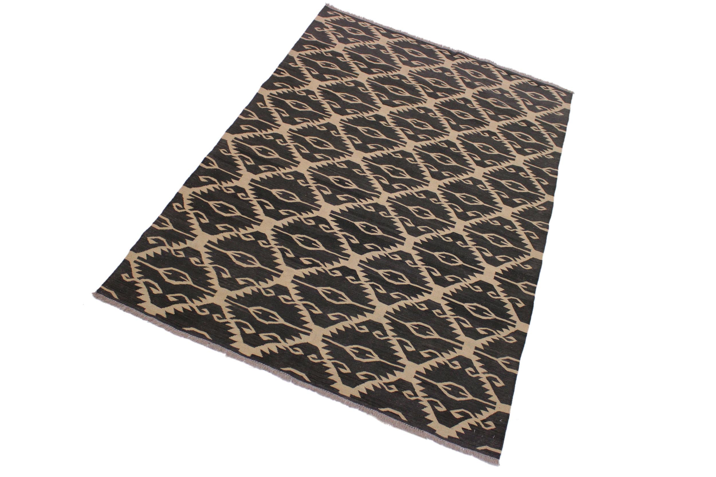 handmade Modern Kilim Black Ivory Hand-Woven RECTANGLE 100% WOOL area rug 6 x 8