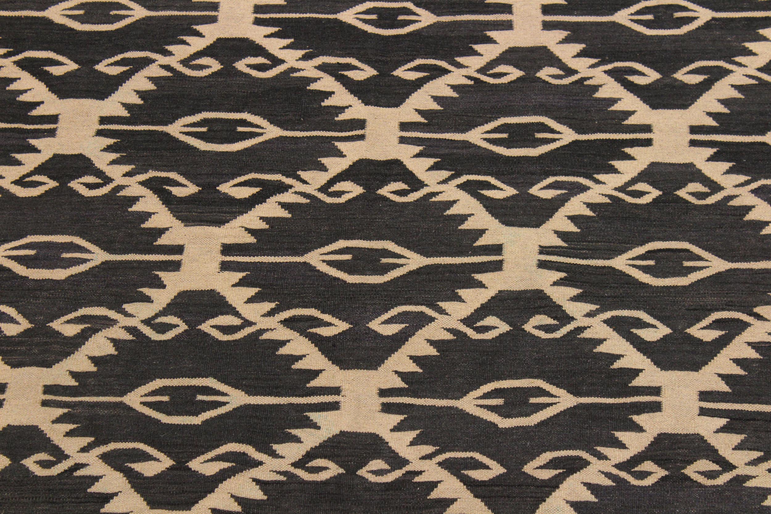 handmade Modern Kilim Black Ivory Hand-Woven RECTANGLE 100% WOOL area rug 6 x 8