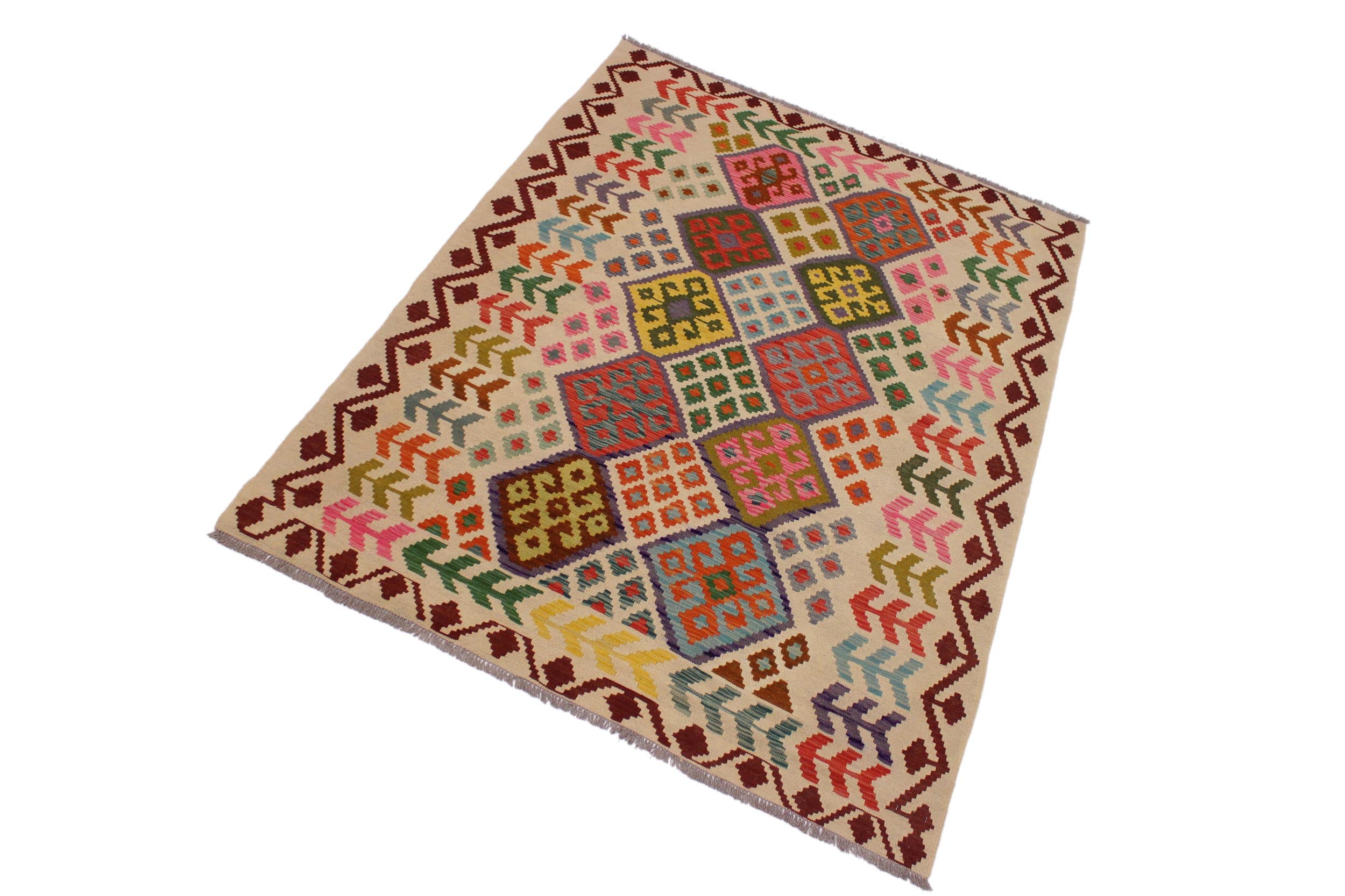 handmade Geometric Kilim Ivory Red Hand-Woven RECTANGLE 100% WOOL area rug 6 x 8