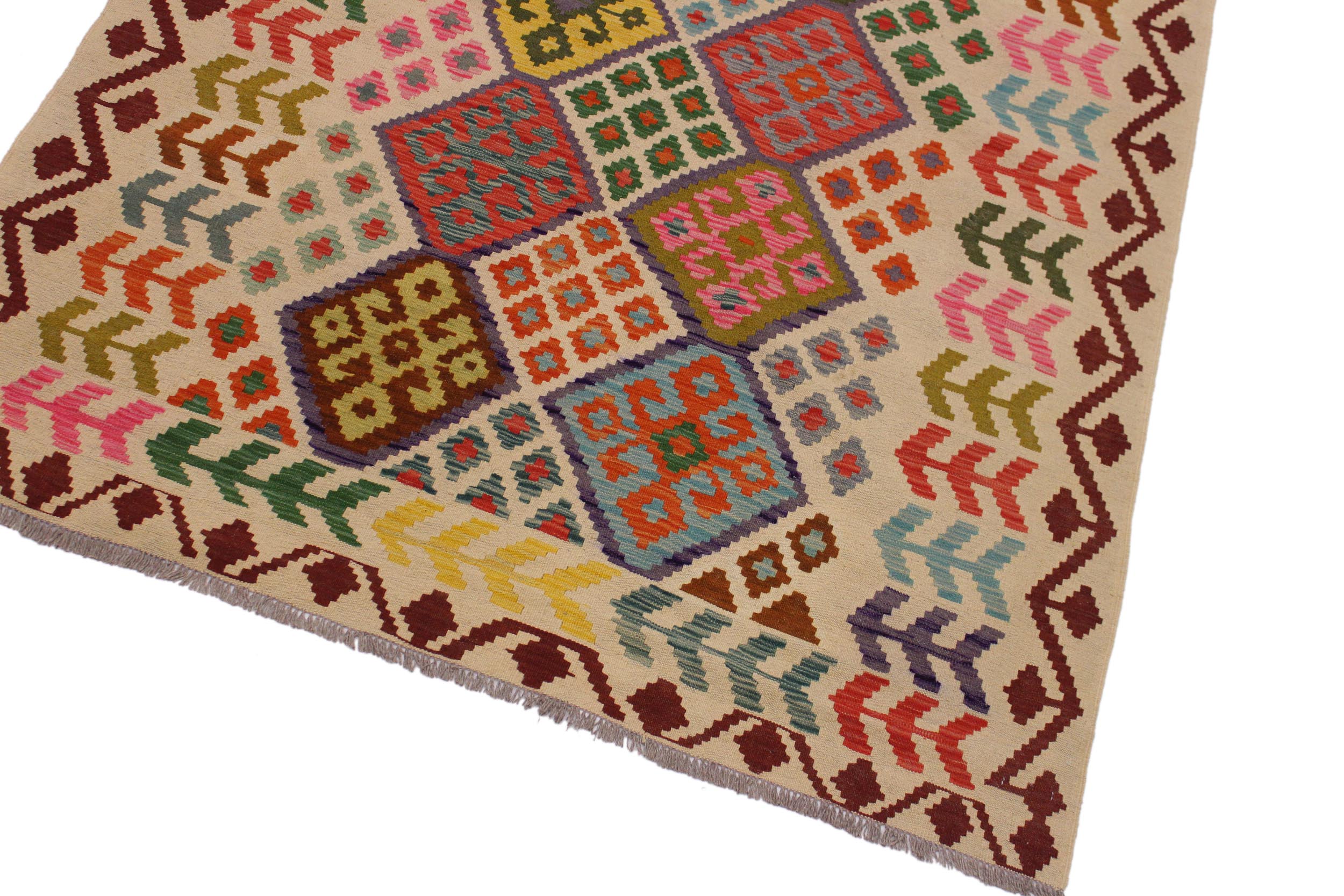 handmade Geometric Kilim Ivory Red Hand-Woven RECTANGLE 100% WOOL area rug 6 x 8