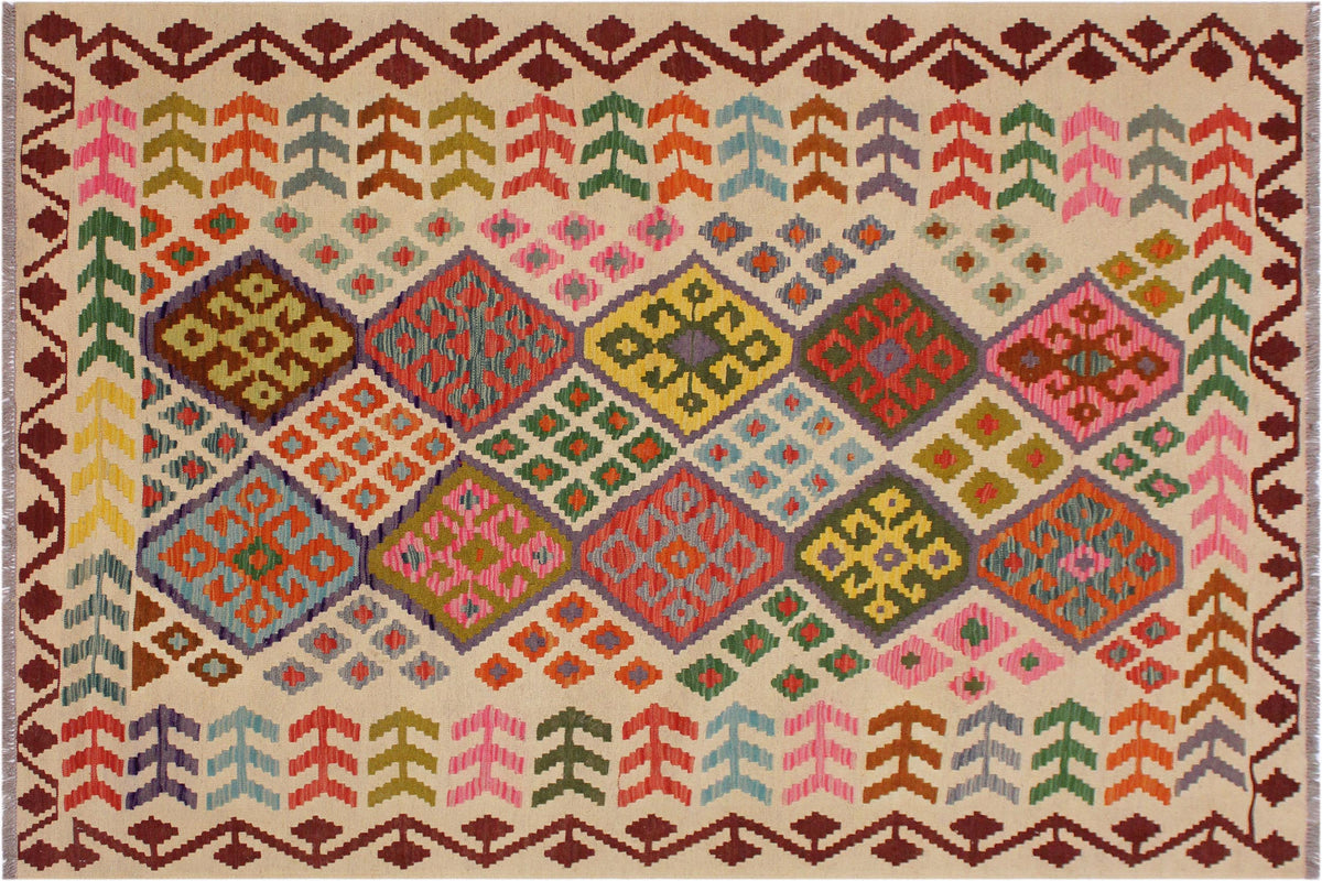 handmade Geometric Kilim Ivory Red Hand-Woven RECTANGLE 100% WOOL area rug 6 x 8