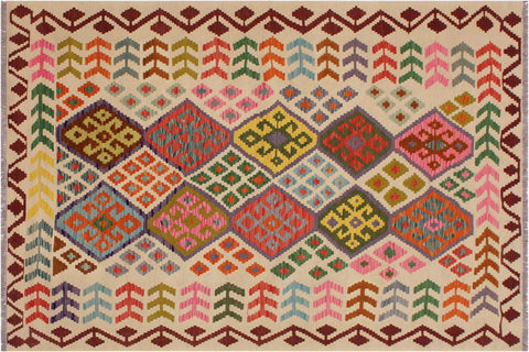 handmade Geometric Kilim Ivory Red Hand-Woven RECTANGLE 100% WOOL area rug 6 x 8