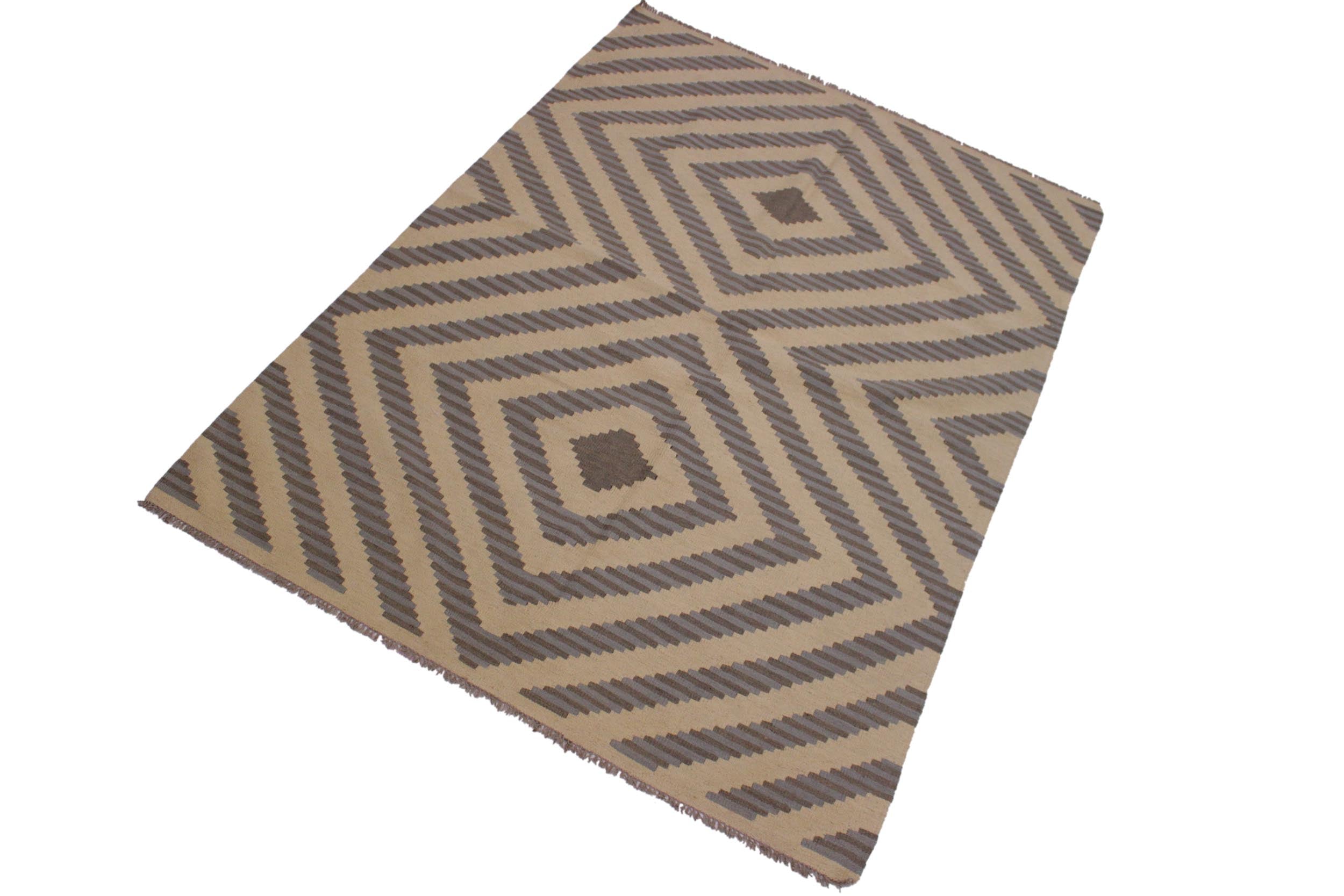 handmade Modern Kilim Ivory Grey Hand-Woven RECTANGLE 100% WOOL area rug 5x7