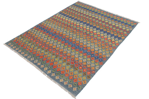 handmade Modern Kilim Blue Rust Hand-Woven RECTANGLE 100% WOOL area rug 5x7