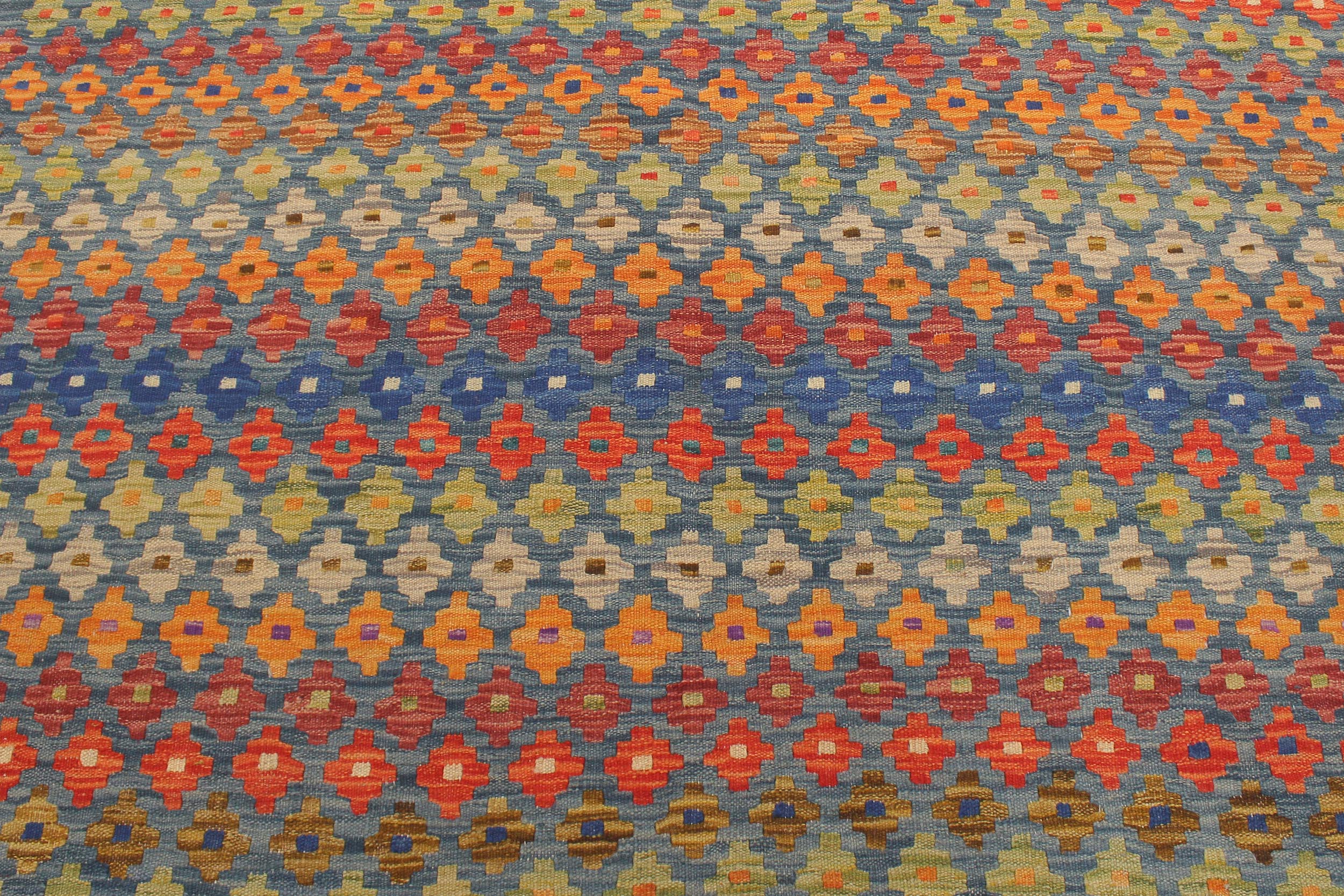 handmade Modern Kilim Blue Rust Hand-Woven RECTANGLE 100% WOOL area rug 5x7