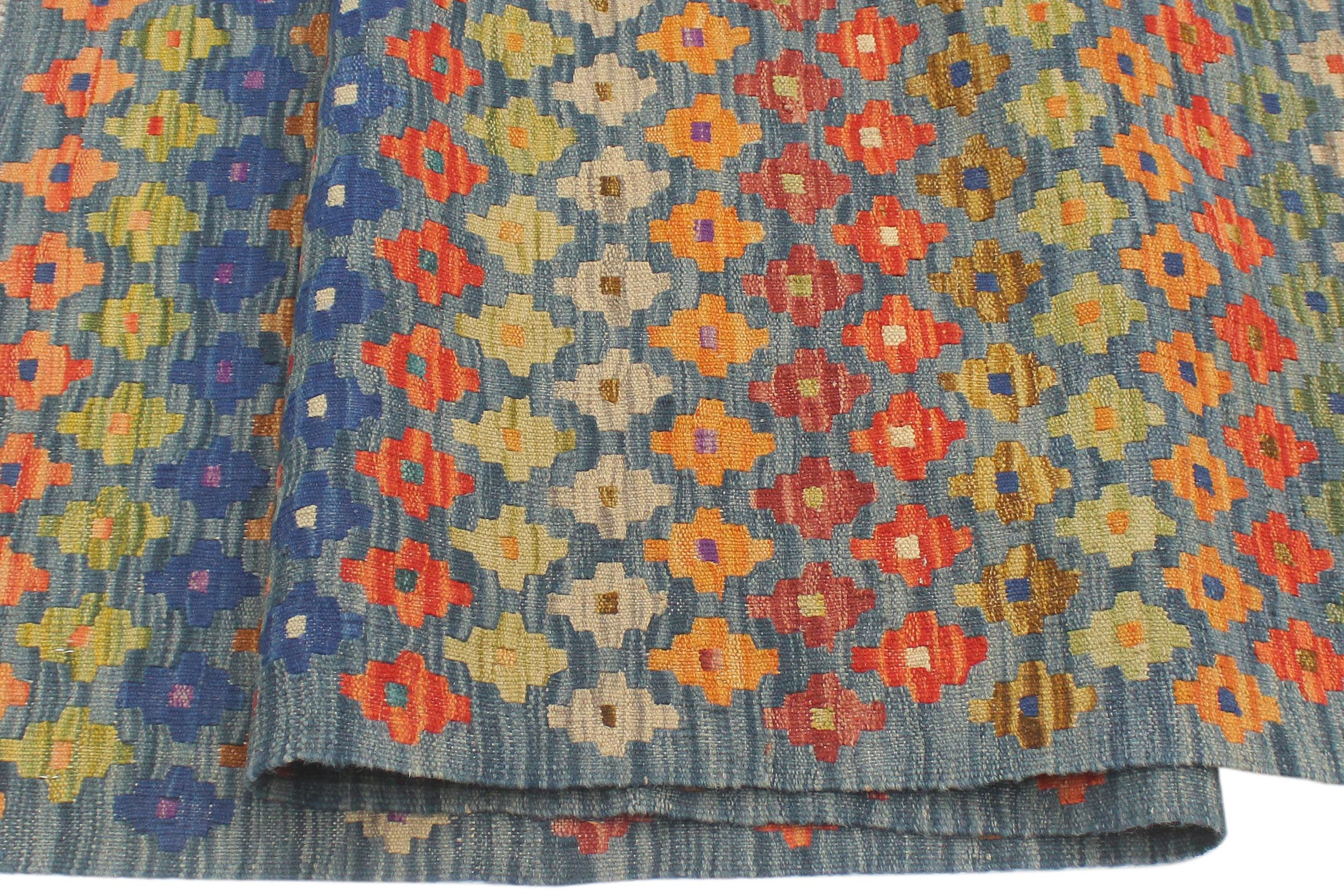handmade Modern Kilim Blue Rust Hand-Woven RECTANGLE 100% WOOL area rug 5x7