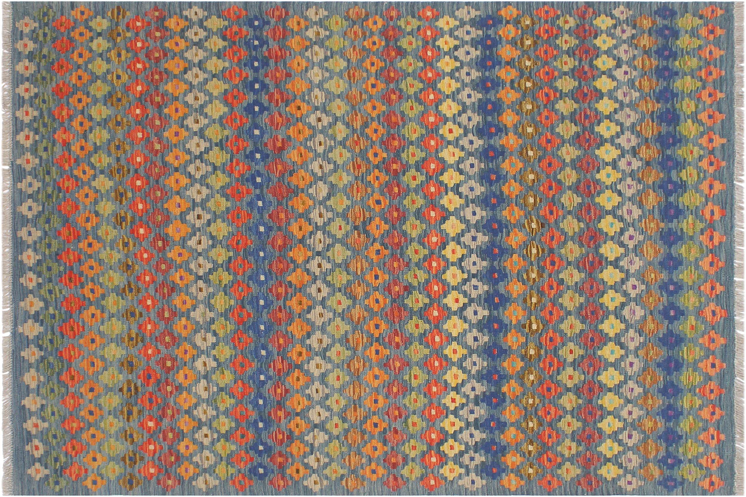 handmade Modern Kilim Blue Rust Hand-Woven RECTANGLE 100% WOOL area rug 5x7