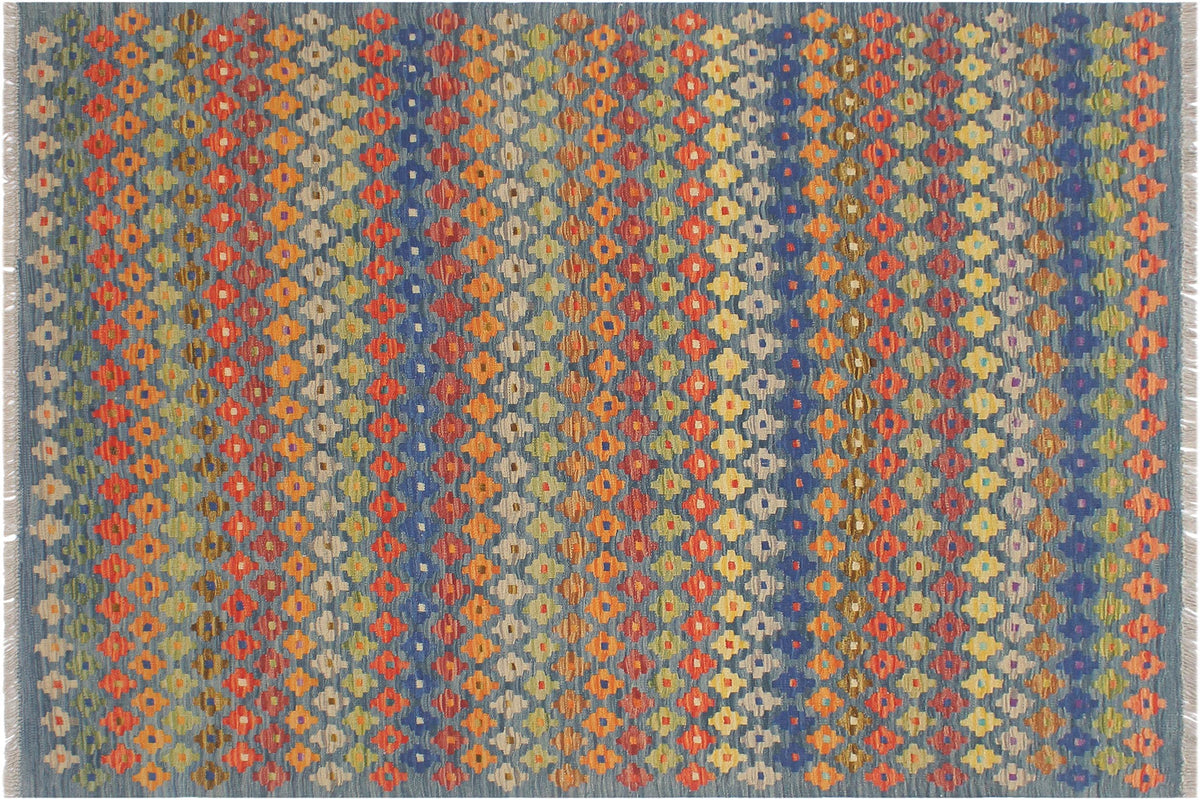 handmade Modern Kilim Blue Rust Hand-Woven RECTANGLE 100% WOOL area rug 5x7