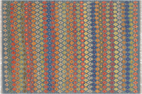 handmade Modern Kilim Blue Rust Hand-Woven RECTANGLE 100% WOOL area rug 5x7