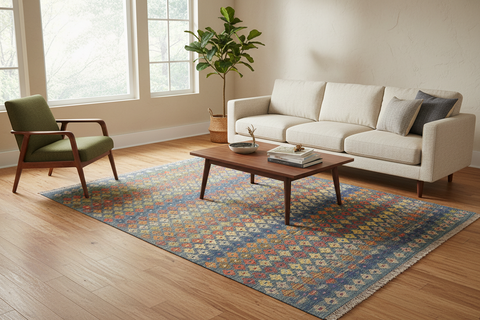 handmade Modern Kilim Blue Rust Hand-Woven RECTANGLE 100% WOOL area rug 5x7