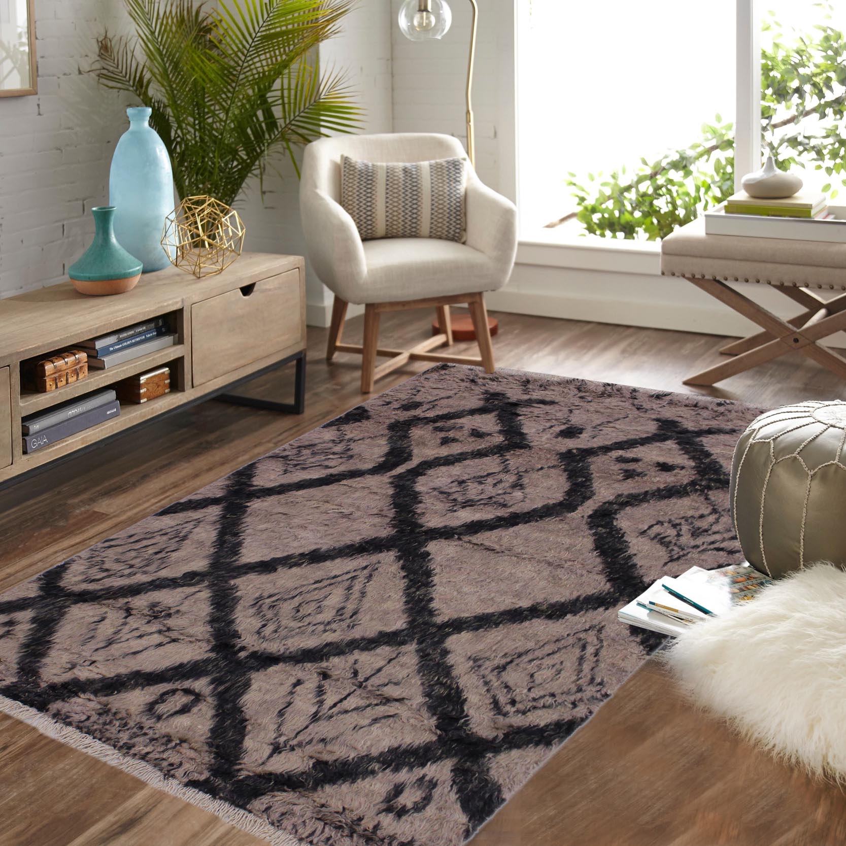 handmade Geometric Moroccan Lt. Brown Black Hand Knotted RECTANGLE 100% WOOL area rug 4' x 6'