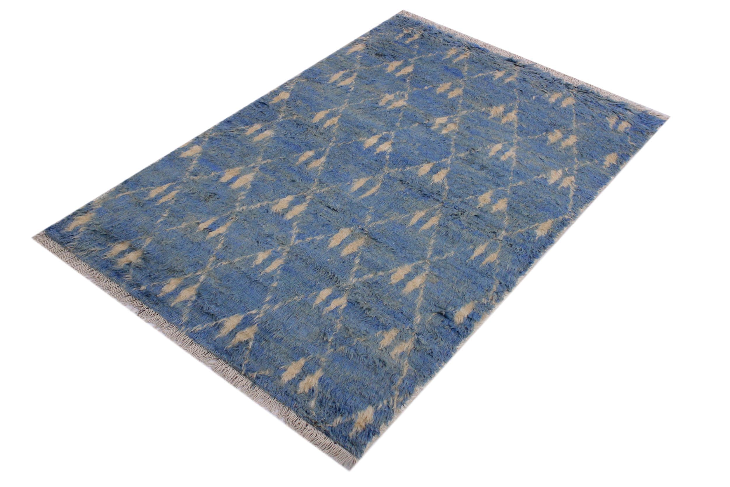 handmade Geometric Moroccan Lt. Blue Ivory Hand Knotted RECTANGLE 100% WOOL area rug 4' x 6'