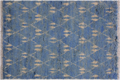 handmade Geometric Moroccan Lt. Blue Ivory Hand Knotted RECTANGLE 100% WOOL area rug 4' x 6'