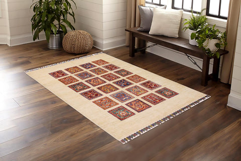 handmade Geometric Kurjean Beige Red Hand Knotted RECTANGLE 100% WOOL area rug 3x5