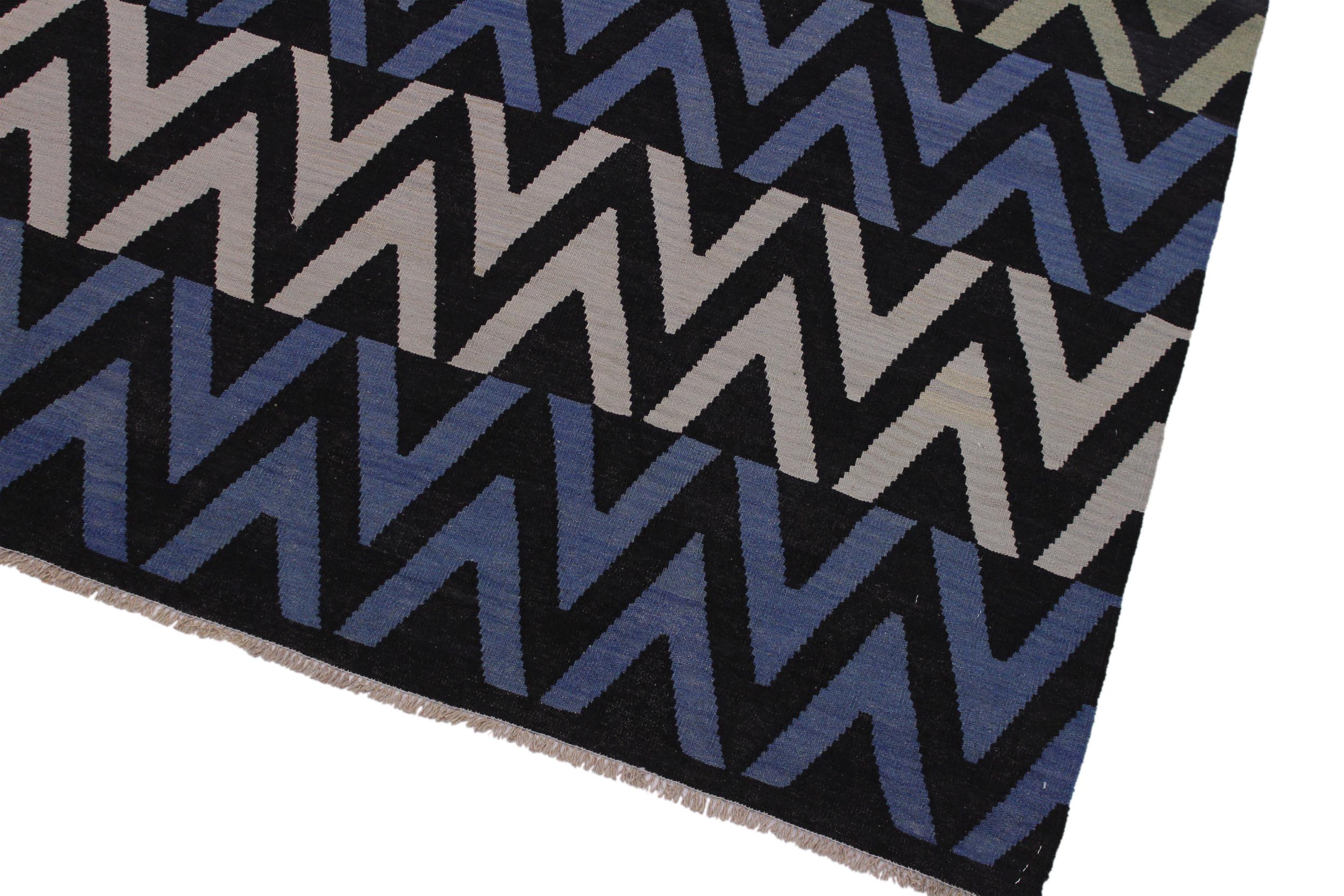 handmade Modern Kilim Black Blue Hand-Woven RECTANGLE 100% WOOL area rug 9x12