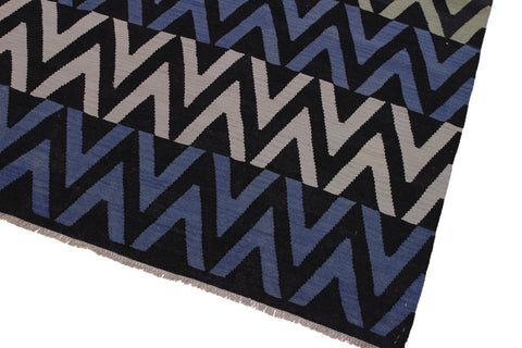 handmade Modern Kilim Black Blue Hand-Woven RECTANGLE 100% WOOL area rug 9x12