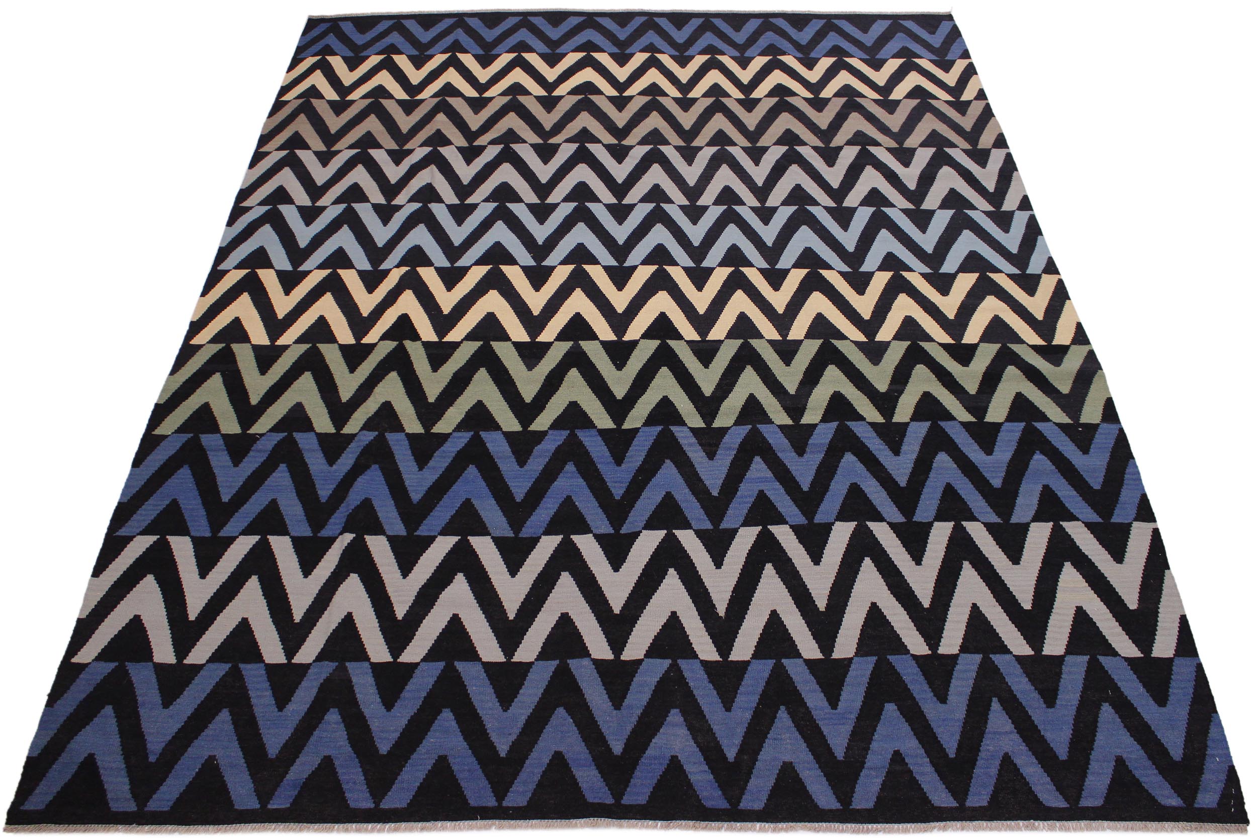 handmade Modern Kilim Black Blue Hand-Woven RECTANGLE 100% WOOL area rug 9x12