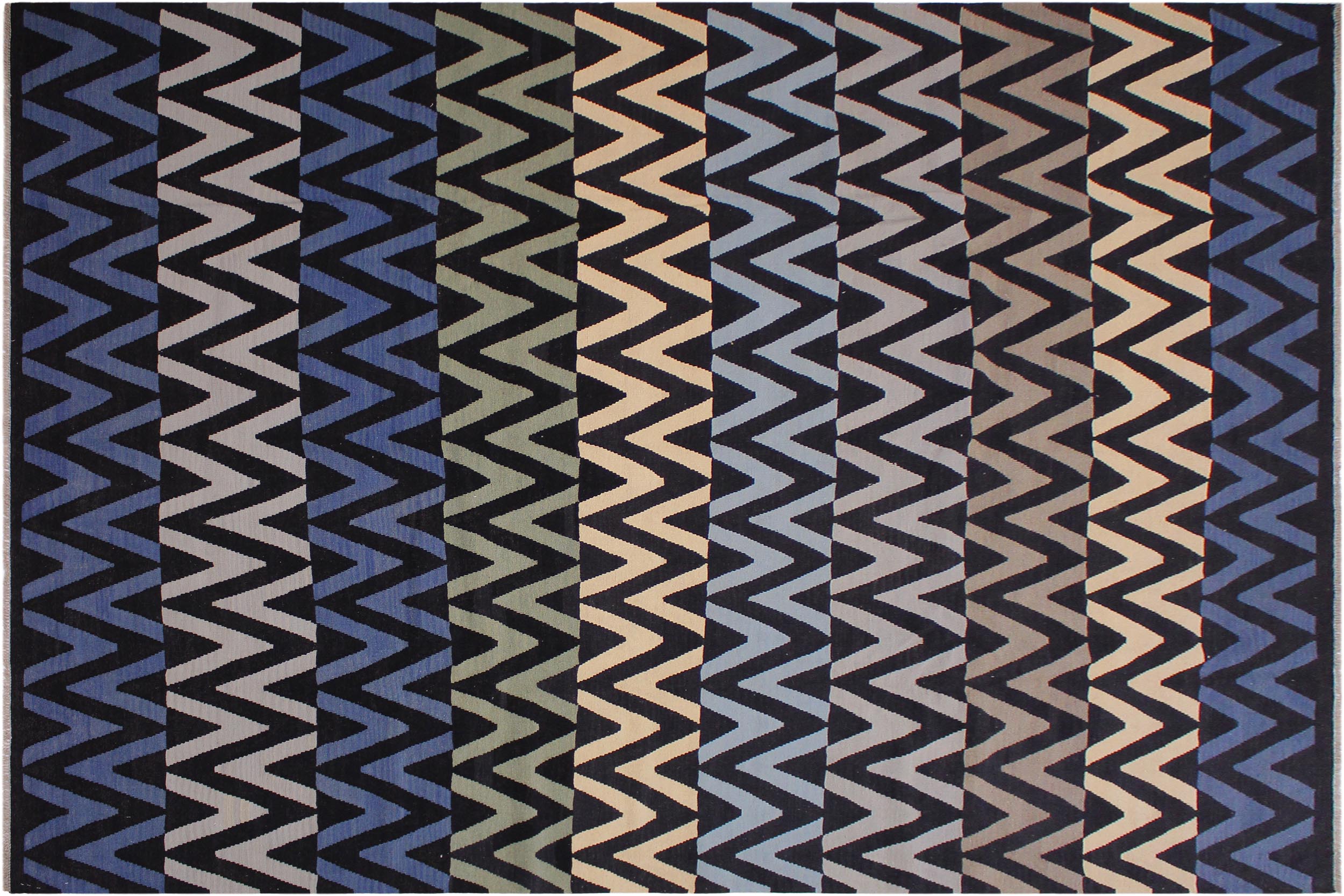 handmade Modern Kilim Black Blue Hand-Woven RECTANGLE 100% WOOL area rug 9x12