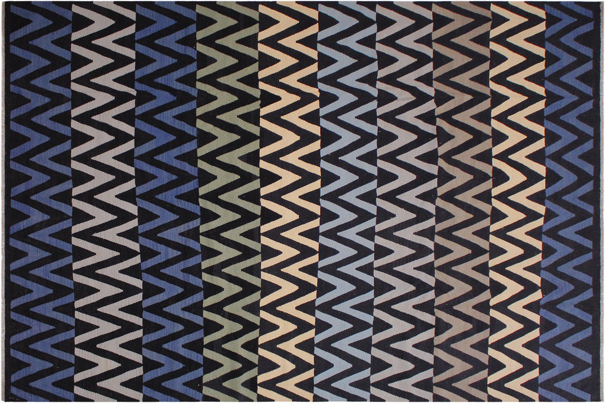 handmade Modern Kilim Black Blue Hand-Woven RECTANGLE 100% WOOL area rug 9x12