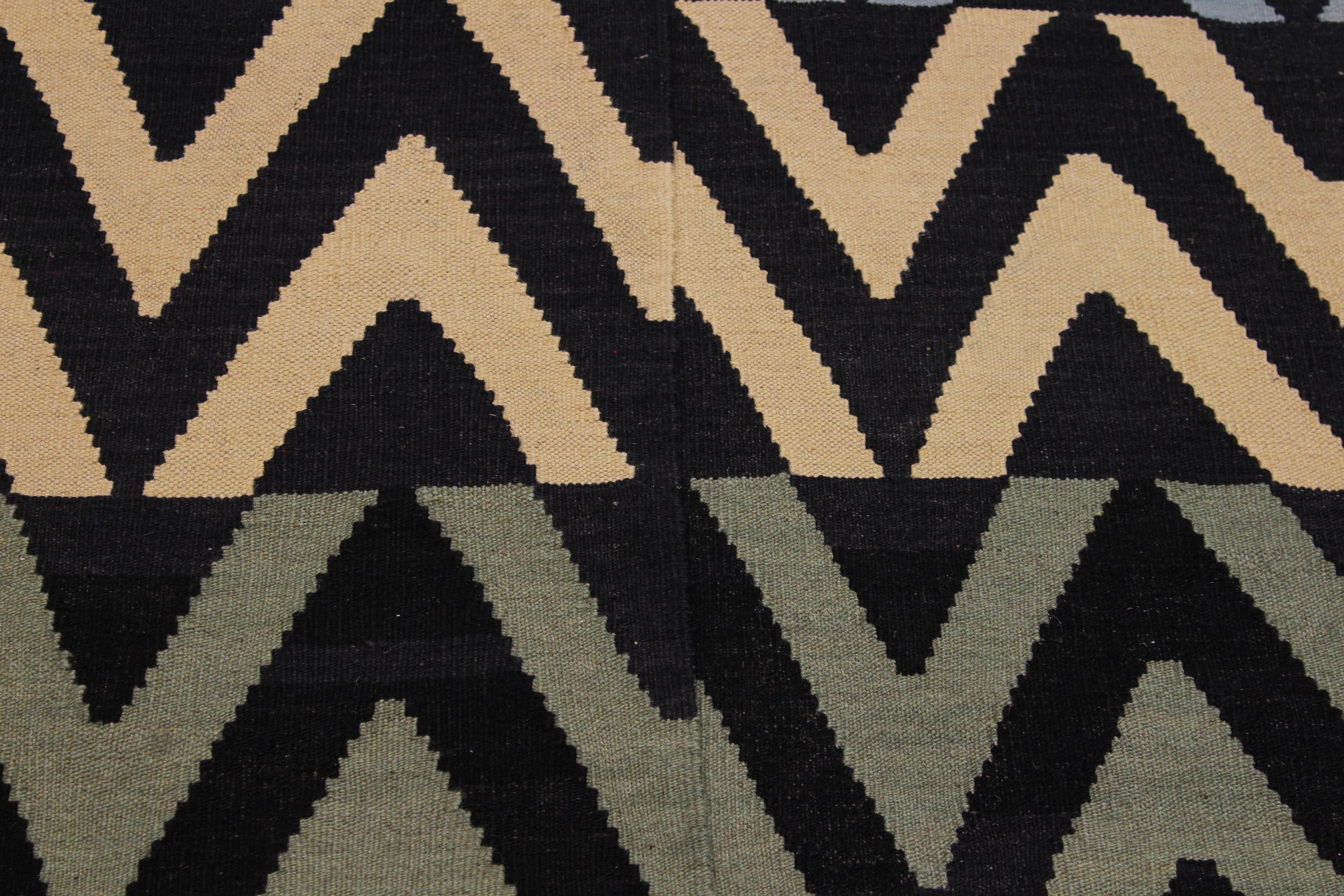 handmade Modern Kilim Black Blue Hand-Woven RECTANGLE 100% WOOL area rug 9x12