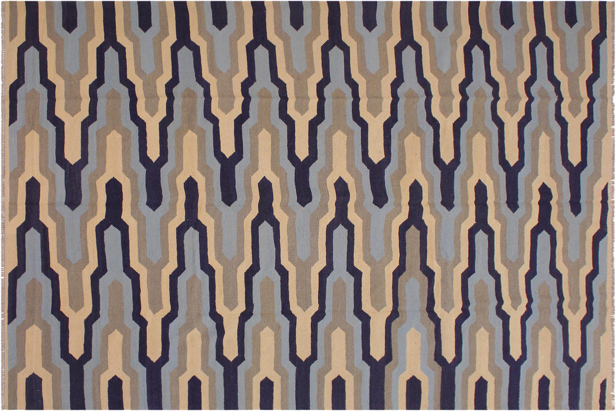 handmade Modern Kilim Ivory Blue Hand-Woven RECTANGLE 100% WOOL area rug 8x10
