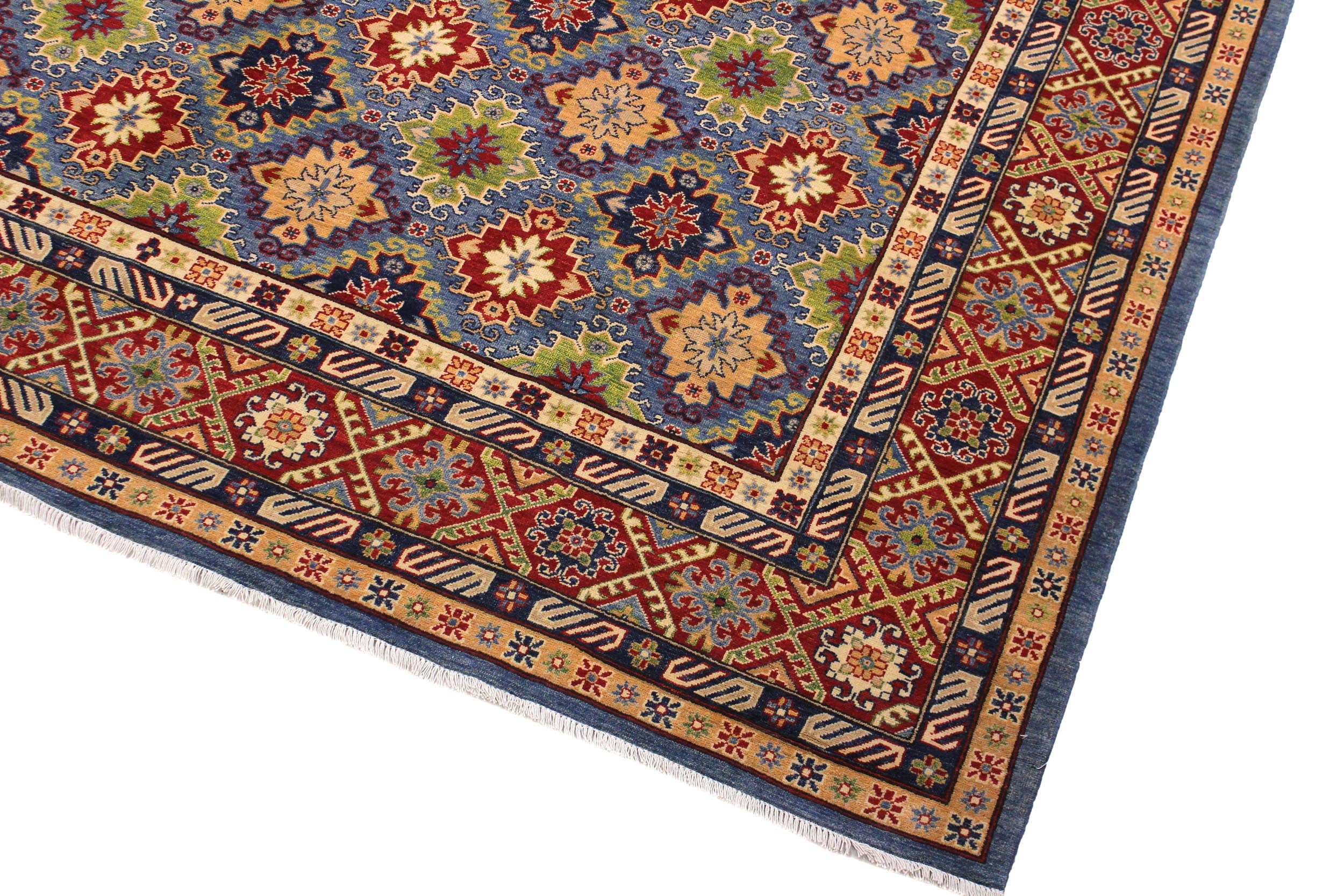handmade Geometric Kazak Light Blue Red Hand Knotted RECTANGLE 100% WOOL area rug 10x14