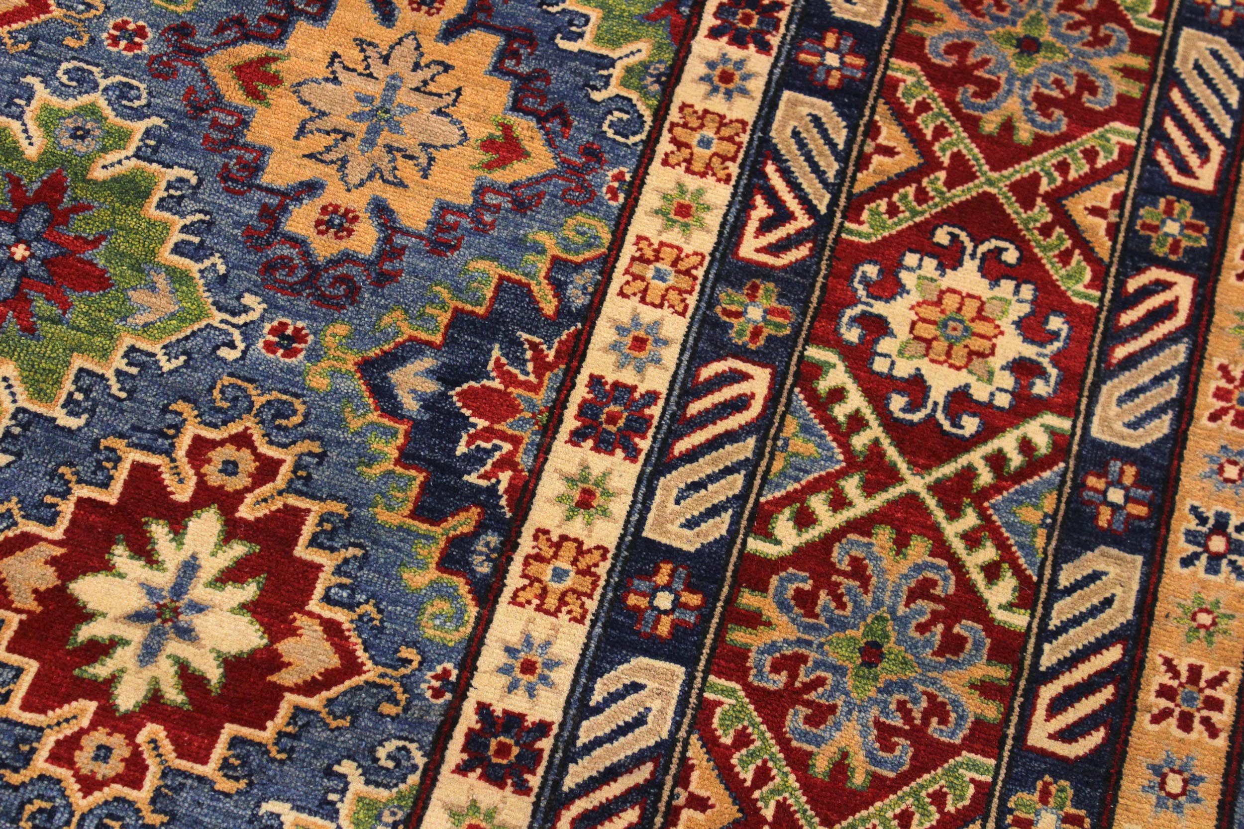 handmade Geometric Kazak Light Blue Red Hand Knotted RECTANGLE 100% WOOL area rug 10x14