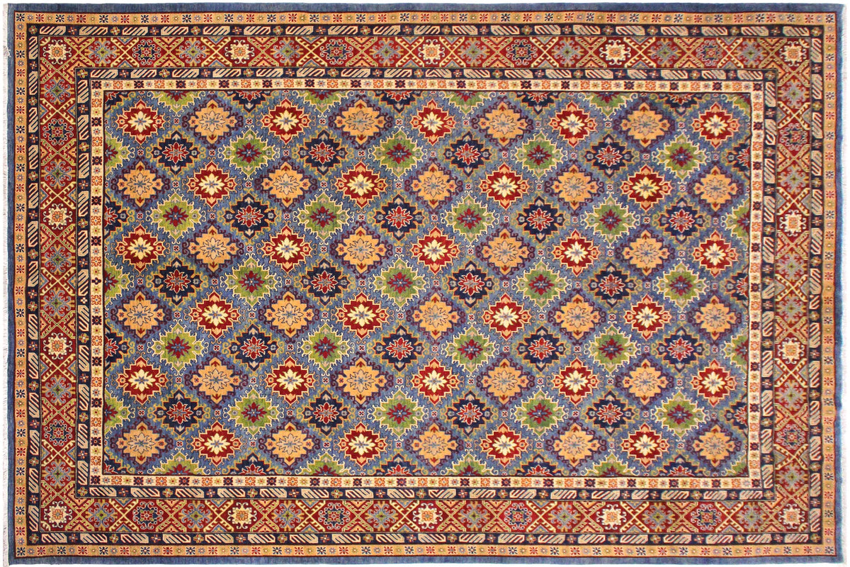 handmade Geometric Kazak Light Blue Red Hand Knotted RECTANGLE 100% WOOL area rug 10x14
