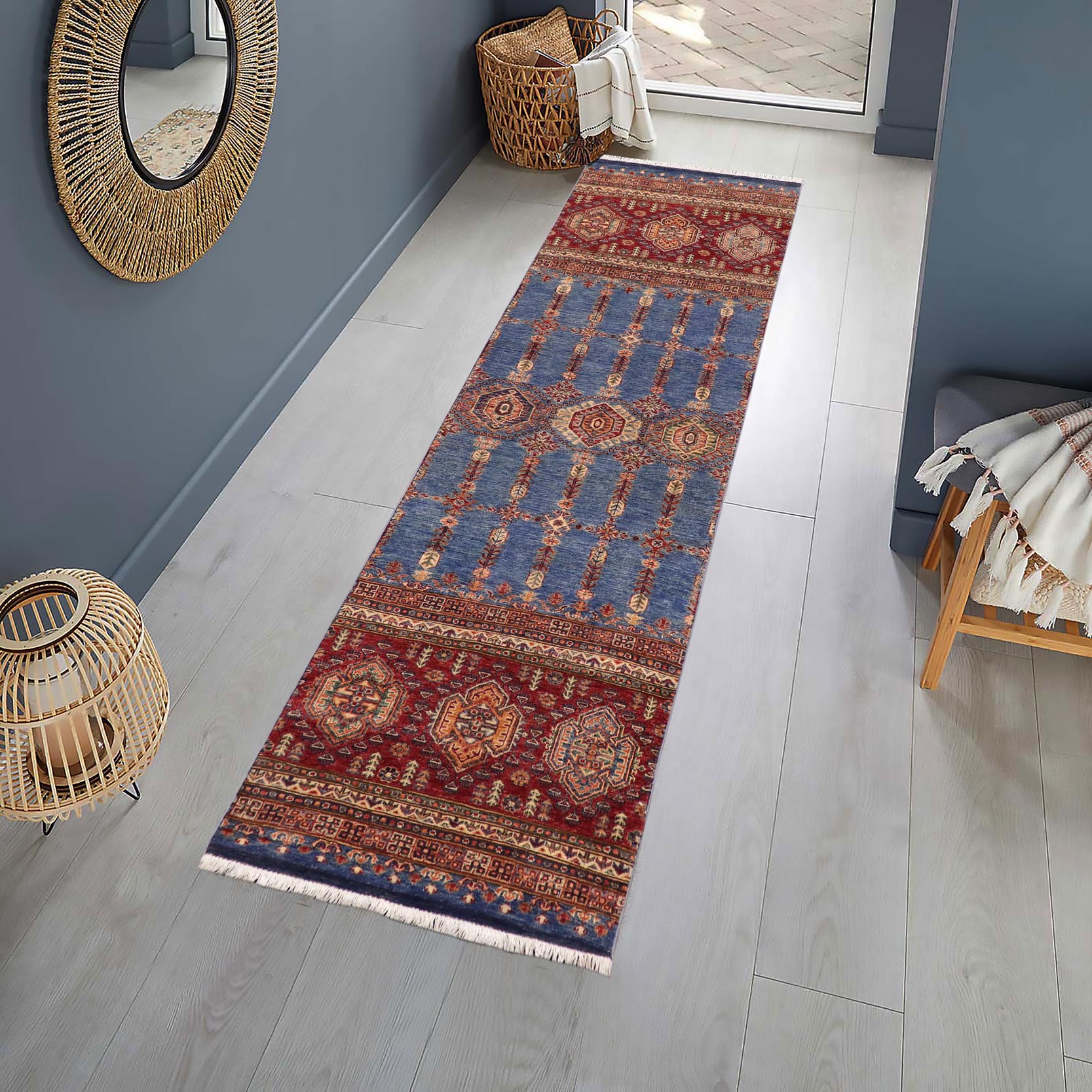 handmade Geometric Kurjean Blue Red Hand Knotted RUNNER 100% WOOL area rug 3x9