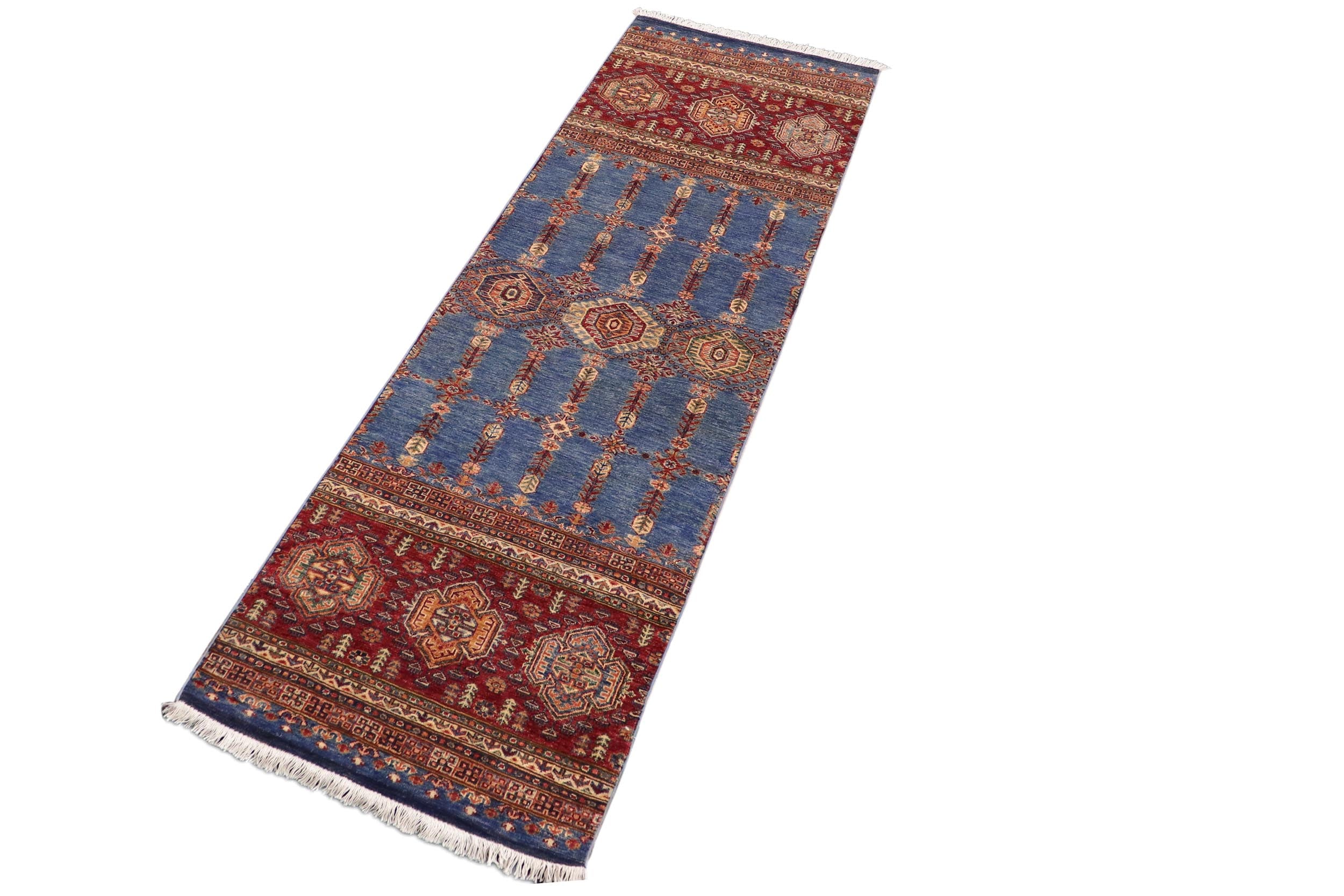 handmade Geometric Kurjean Blue Red Hand Knotted RUNNER 100% WOOL area rug 3x9