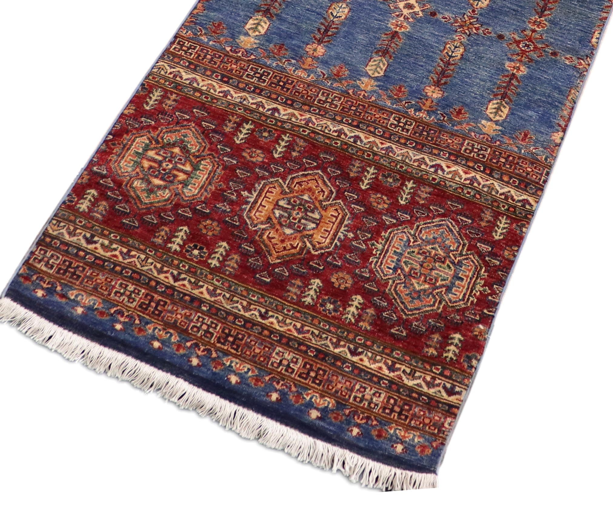 handmade Geometric Kurjean Blue Red Hand Knotted RUNNER 100% WOOL area rug 3x9