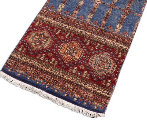 handmade Geometric Kurjean Blue Red Hand Knotted RUNNER 100% WOOL area rug 3x9