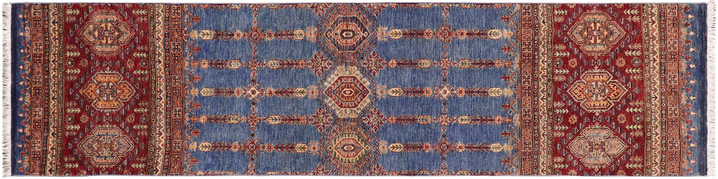 handmade Geometric Kurjean Blue Red Hand Knotted RUNNER 100% WOOL area rug 3x9