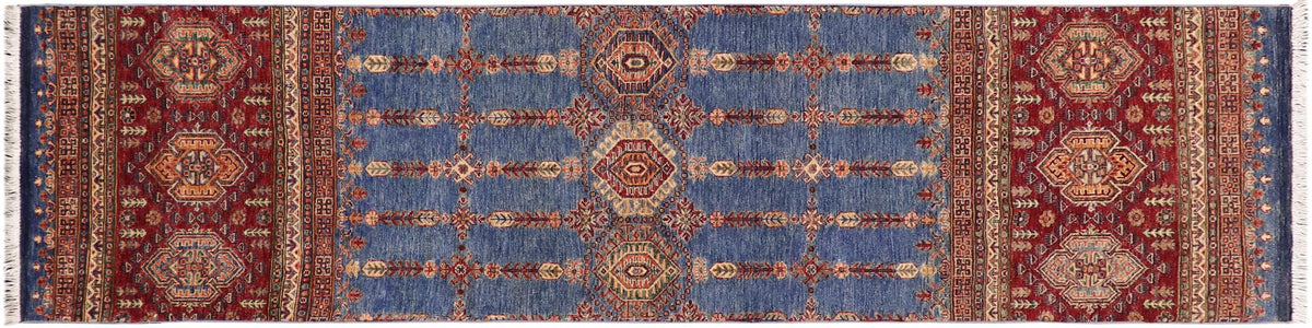 handmade Geometric Kurjean Blue Red Hand Knotted RUNNER 100% WOOL area rug 3x9