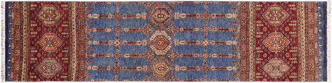 handmade Geometric Kurjean Blue Red Hand Knotted RUNNER 100% WOOL area rug 3x9