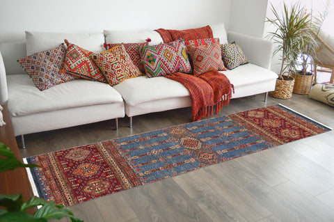 handmade Geometric Kurjean Blue Red Hand Knotted RUNNER 100% WOOL area rug 3x9