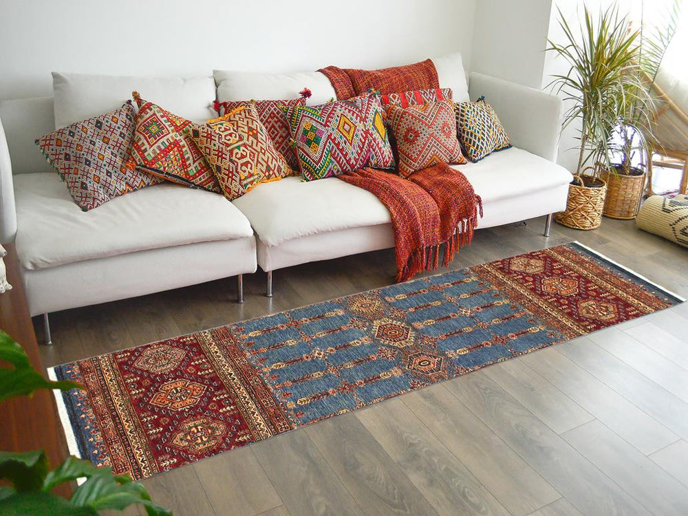 handmade Geometric Khurgeen Blue Red Hand Knotted RUNNER 100% WOOL area rug 3x9