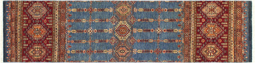 handmade Geometric Khurgeen Blue Red Hand Knotted RUNNER 100% WOOL area rug 3x9