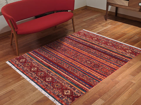 handmade Geometric Kurjean Red Blue Hand Knotted RECTANGLE 100% WOOL area rug 5x7
