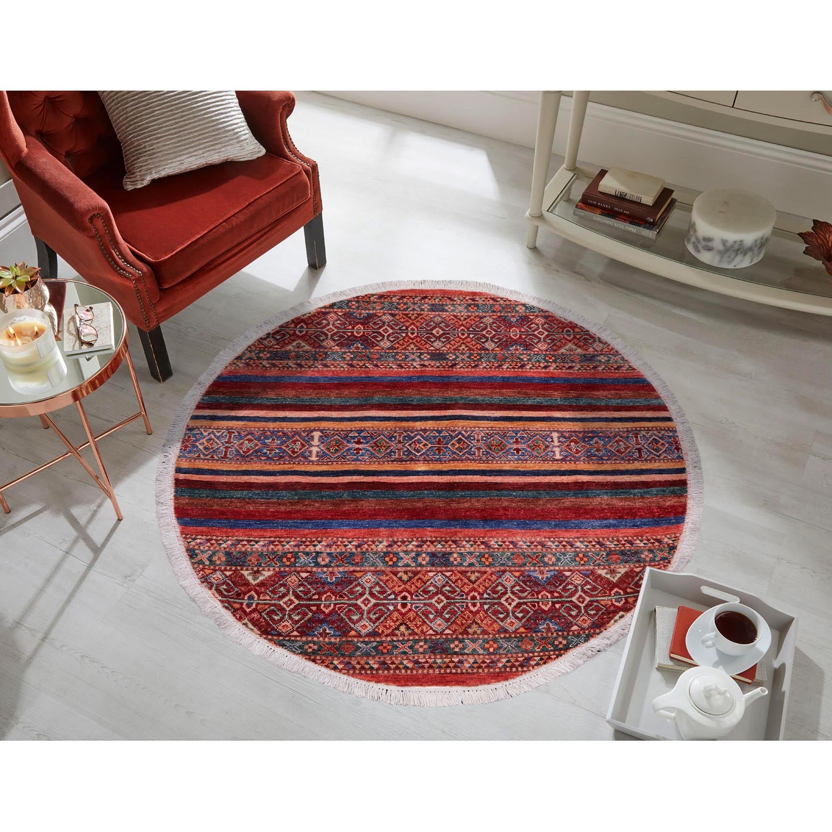 handmade Geometric Kurjean Red Blue Hand Knotted ROUND 100% WOOL area rug 4x4