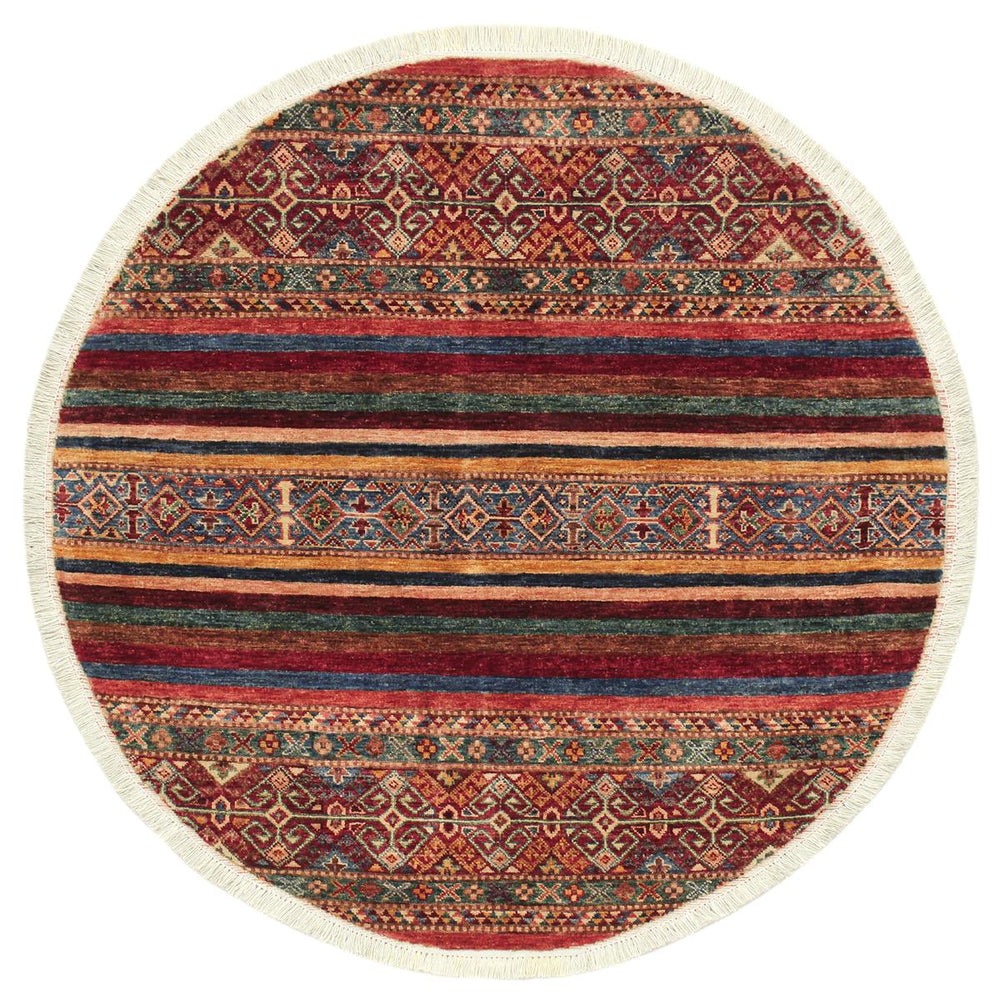 handmade Geometric Khurgeen Red Blue Hand Knotted ROUND 100% WOOL area rug 4x4