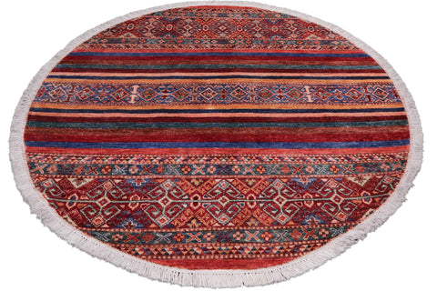 handmade Geometric Kurjean Red Blue Hand Knotted ROUND 100% WOOL area rug 4x4