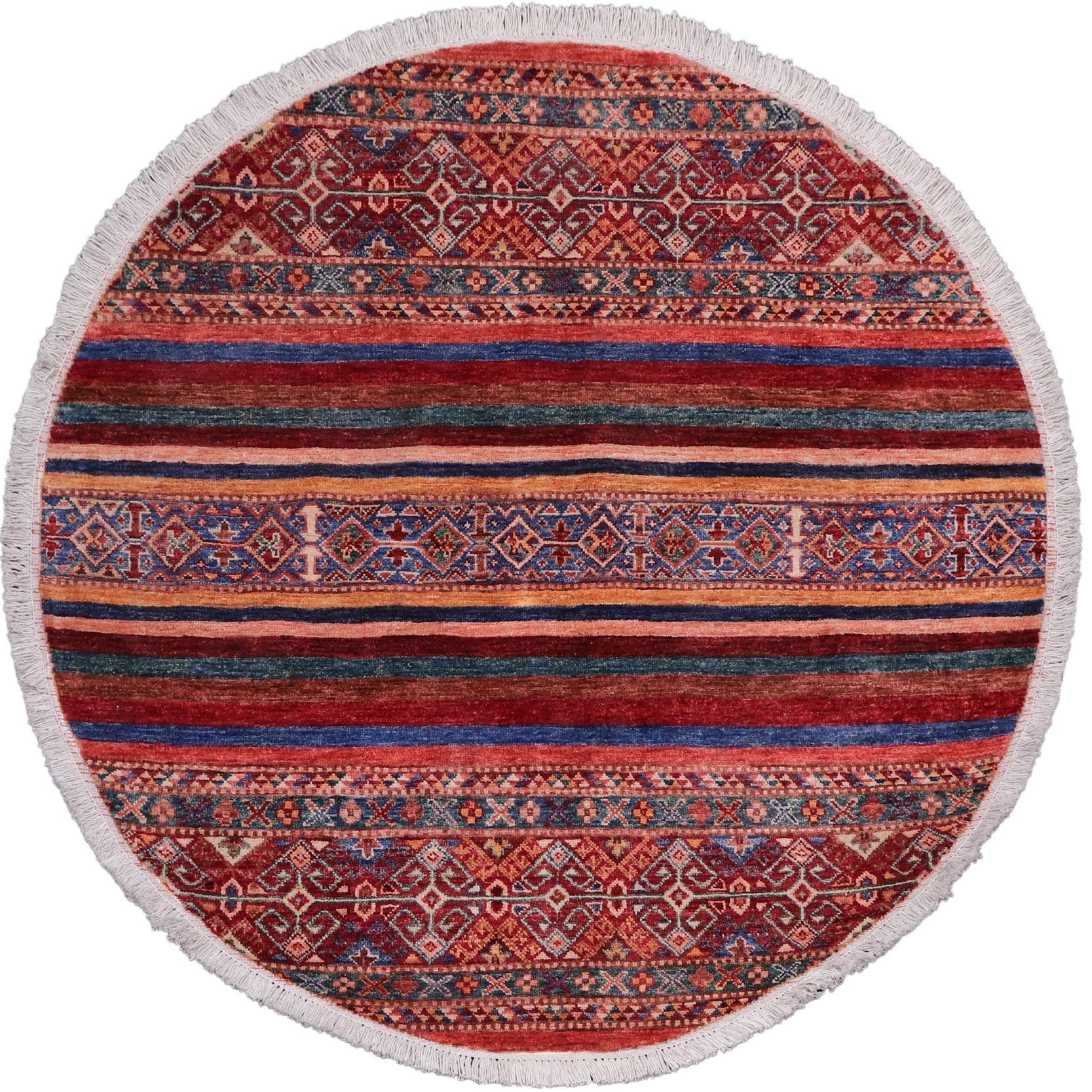 handmade Geometric Kurjean Red Blue Hand Knotted ROUND 100% WOOL area rug 4x4