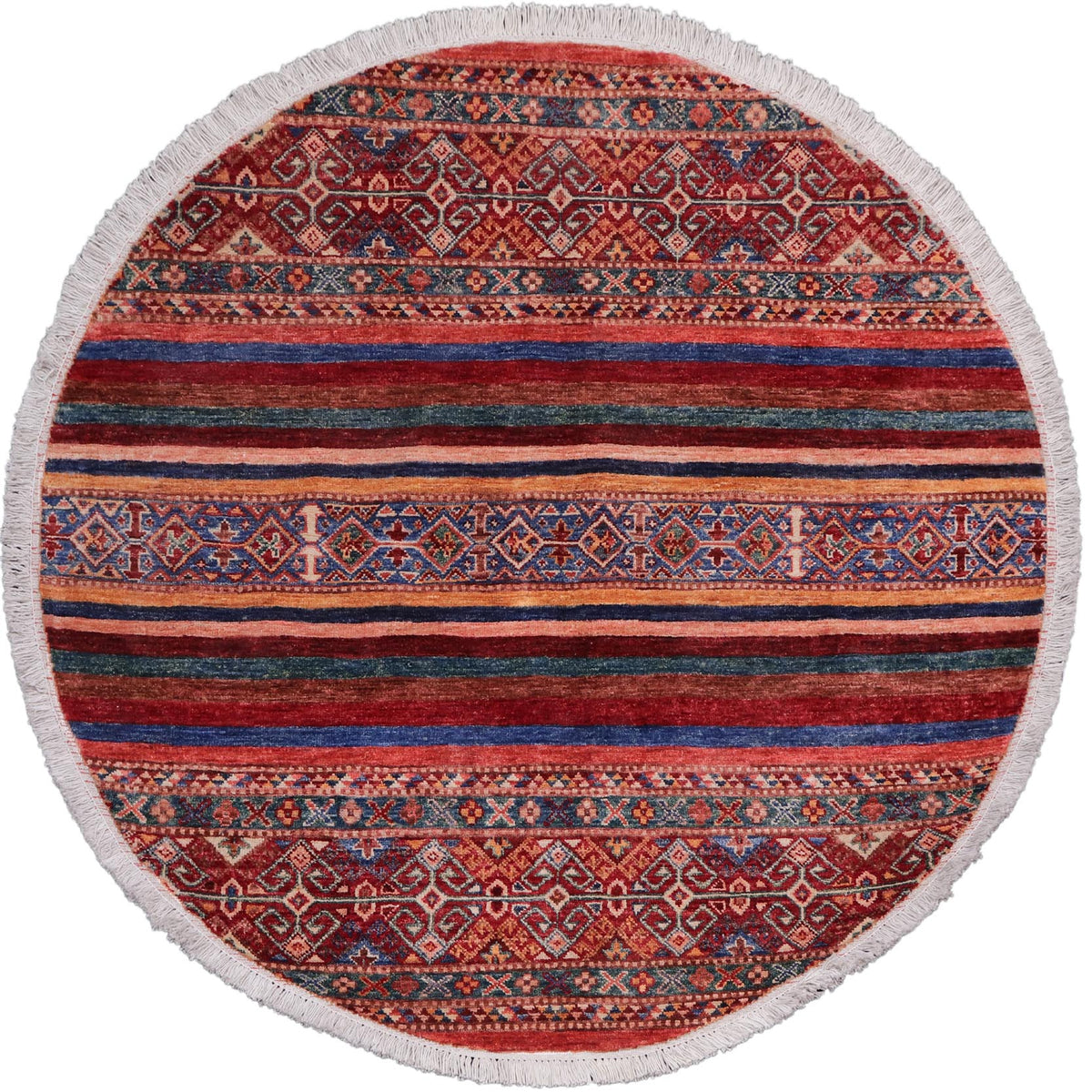 handmade Geometric Kurjean Red Blue Hand Knotted ROUND 100% WOOL area rug 4x4