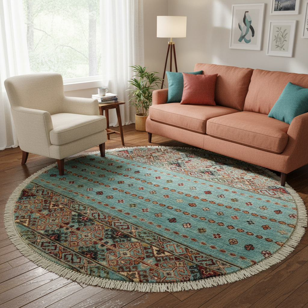 Bohemian Khurgeen Dawn Blue/Gold Wool Round - 3'2''X3'2''